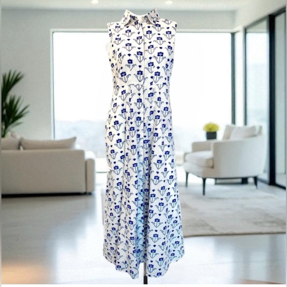 LIVRO Blue White Print Spring Summer
Midi Dress Size MEDIUM